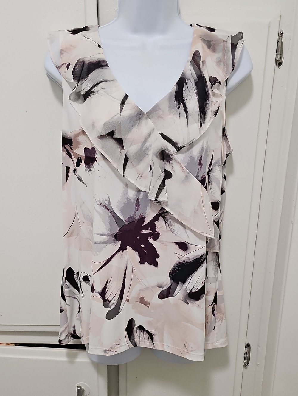 Calvin Klein Cream Floral Ruffle V-Neck Camisole